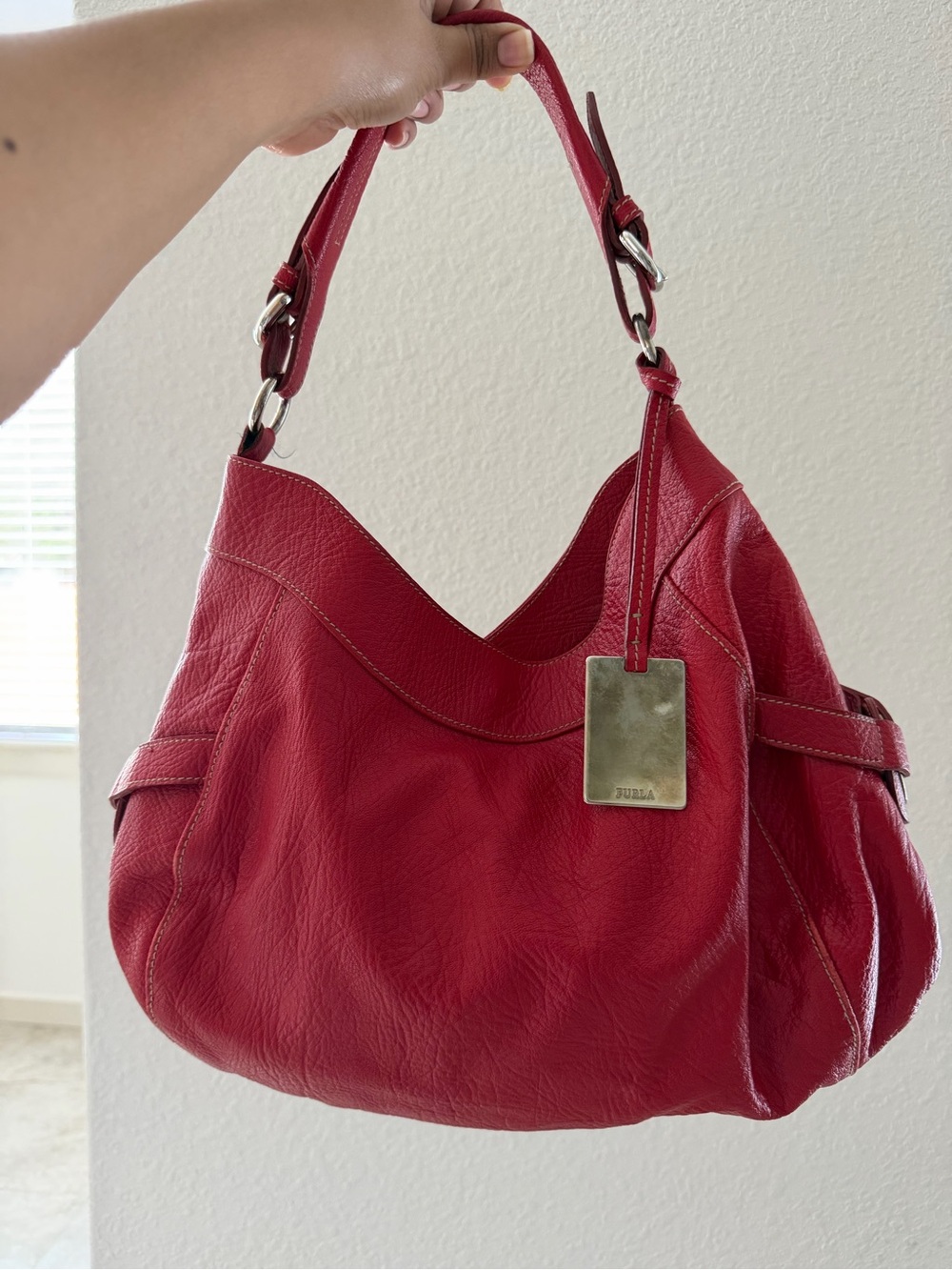 Furla Red Leather Shoulder Bag with Silver Tag